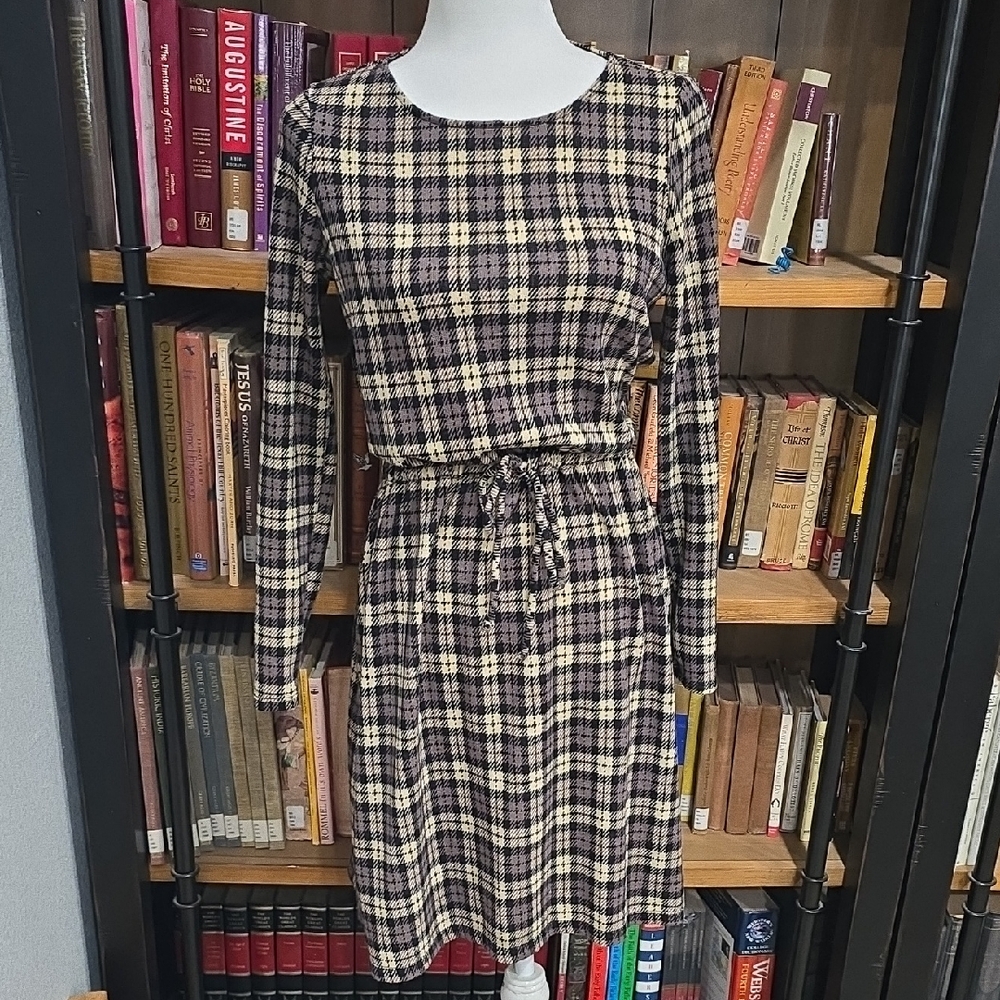 Gilli Black and Cream Checkered Long Sleeve Dress, Sz M